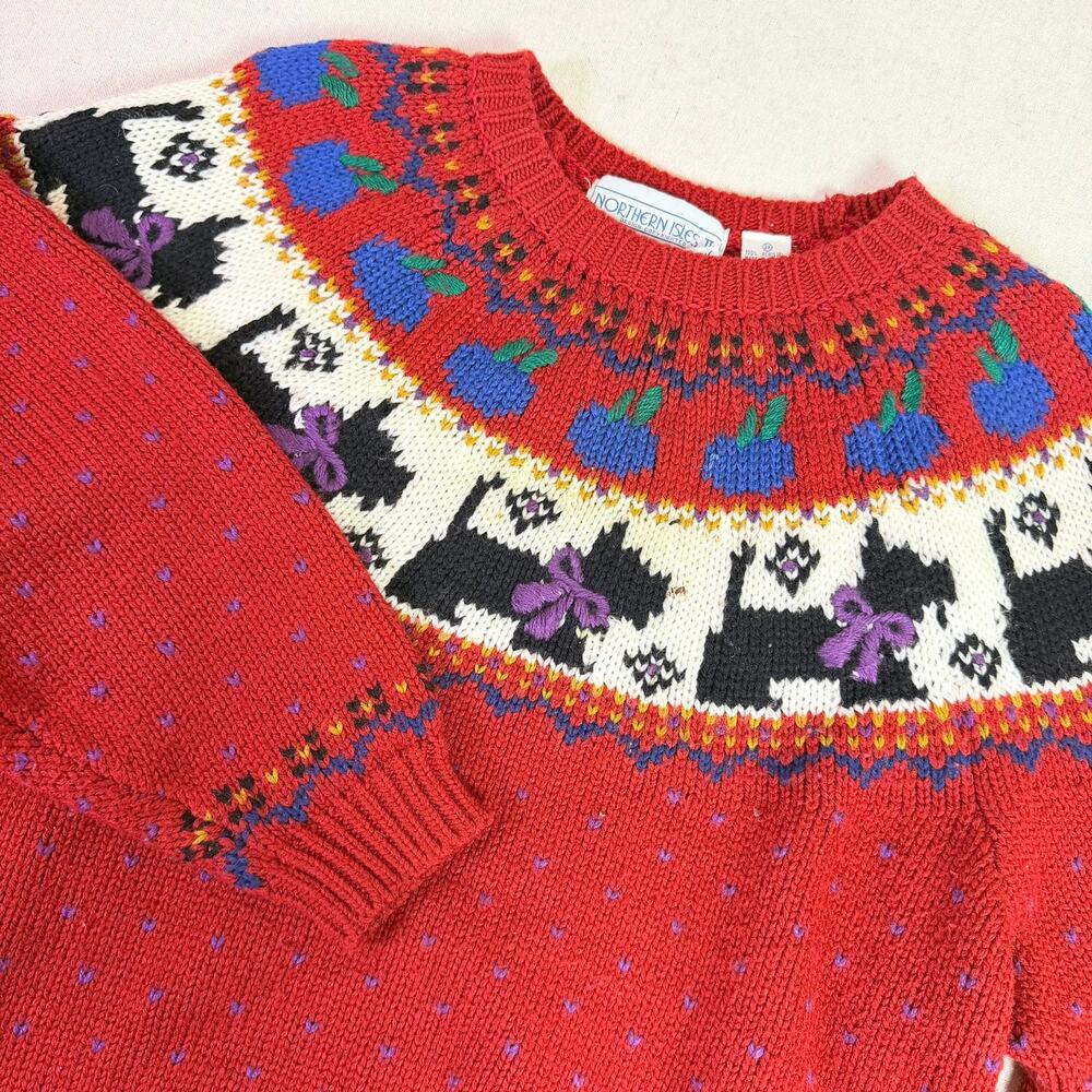 Vintage Northern Isles Whimsical Folk Terrier Dog Fair Isle Sweater Women's 2X